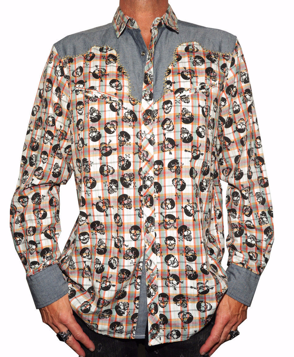Rock Roll n Soul  Western Plaid of Skulls HIGH End Button Up Men's Shirt