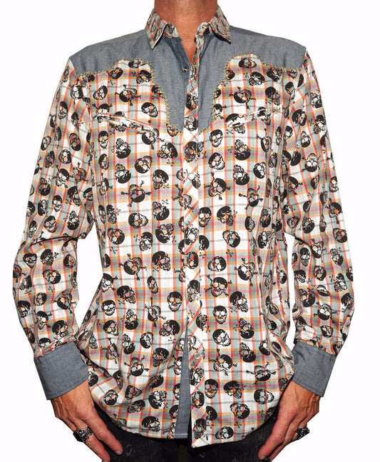 Rock Roll n Soul  Western Plaid of Skulls HIGH End Button Up Men's Shirt